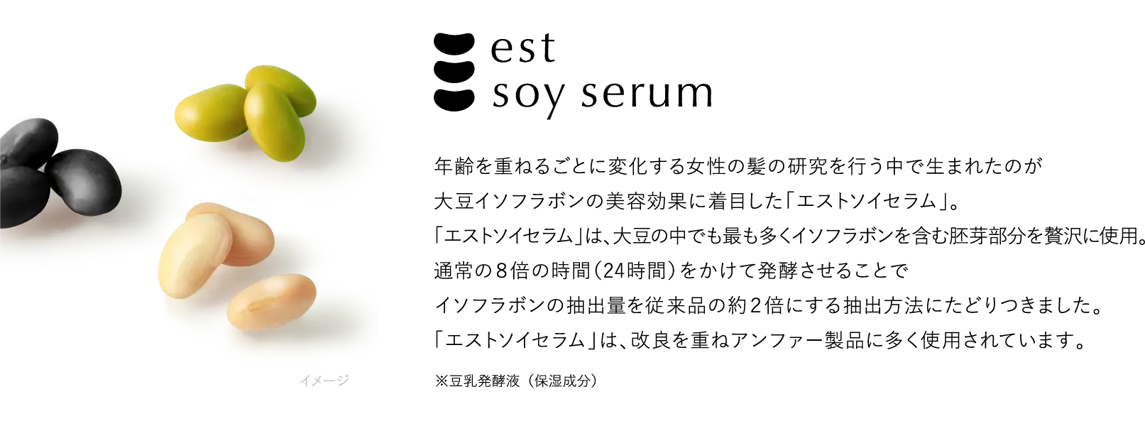 est soy serum 年齢を重ねるごとに変化する女性の髪の研究を行うながで生まれたのが大豆イソフラボンの美容効果に着目した「エストソイセラム」。「エストソイセラム」は、大豆の中でも最も多くイソフラボンを含む胚芽を贅沢にしよう。通常の8倍の時間（24時間）をかけて醗酵させることでイソフラボンの抽出量を従来品の約2倍にする抽出方法にたどり着きました。「エストソイセラム」は、改良を重ねアンファー製品に多く使用されています。