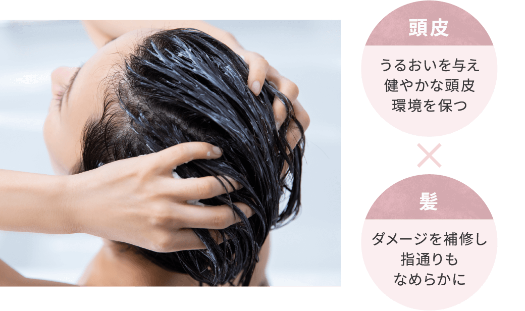 頭皮：うるおいを与え健やかな頭皮環境を保つ × 髪：ダメージを補修し指通りもなめらかに