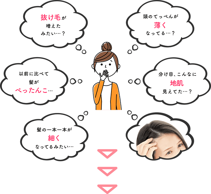 「髪のハリ・コシがなくなって、スタイリングが決まりにくい。」「前より髪のボリュームがダウン。」「分け目も目立ってる・・・？」「髪を洗っていると手に絡まる髪が気になる。」「前髪がぺたんこでおでこが広く見えるようになった気がする。」「子どものことが最優先。自分のケアは後回しで、お手入れの時間がない！」