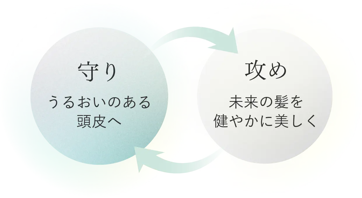 守り うるおいのある頭皮へ 攻め 未来の髪を健やかに美しく
