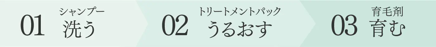 01シャンプー 洗う 02トリートメントパック うるおす 03育毛剤 育む