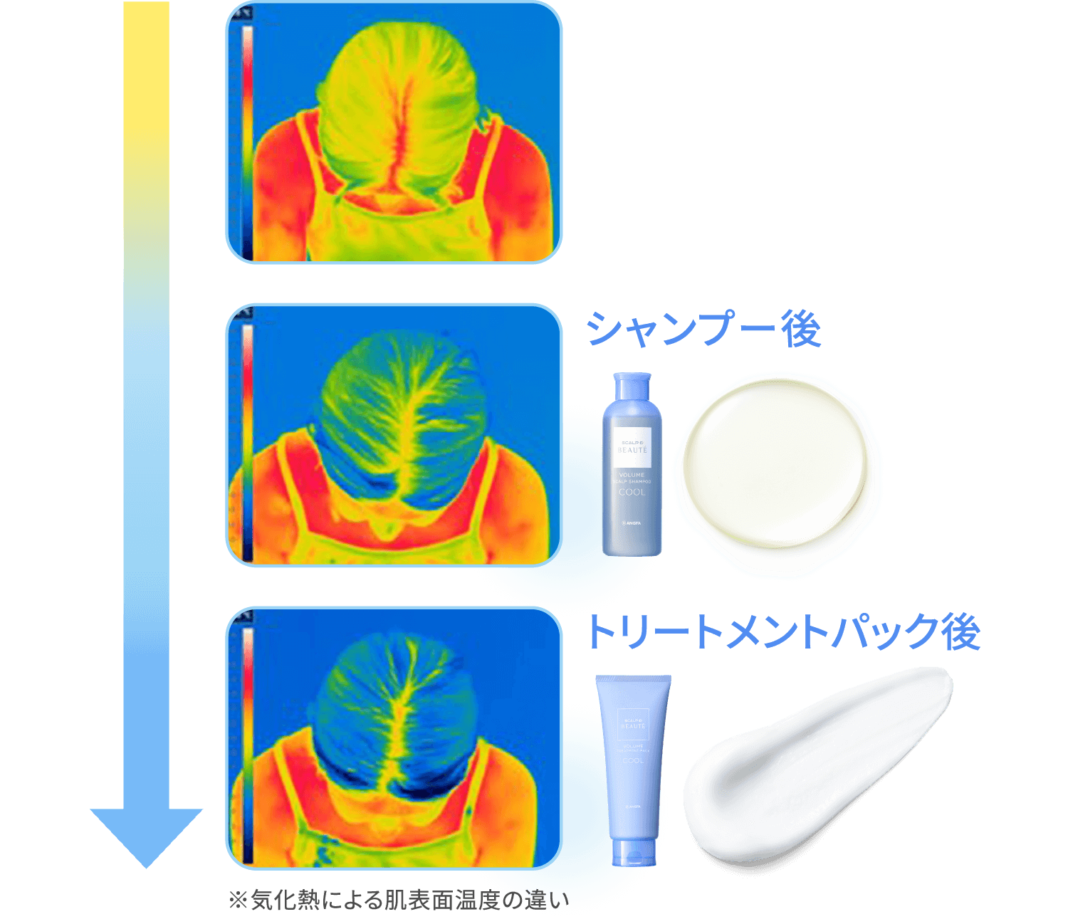 乾いた髪、シャンプー後、トリートメントパック後の気化熱による肌表面温度の違い