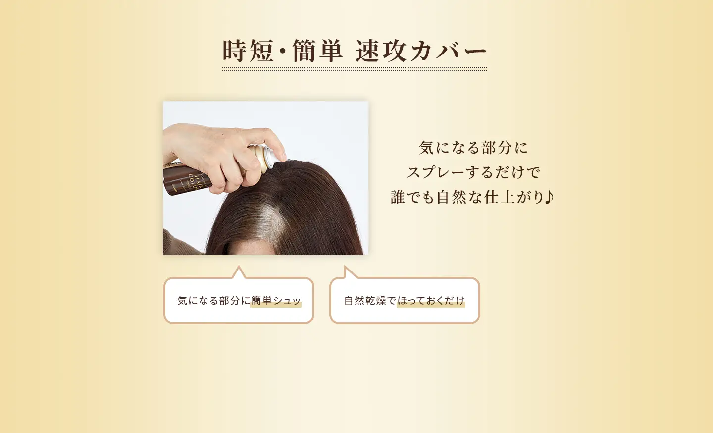 時短・簡単 速攻カバー 気になる部分に簡単シュッ 自然乾燥でほっておくだけ 気になる部分にスプレーするだけで誰でも自然な仕上がり♪