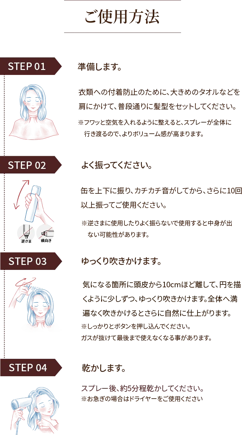 ご使用方法 STEP01：準備します。衣類への付着防止のために、大きめのタオルなどを肩にかけて、普段通りに髪型をセットしてください。※フワッと空気を入れるように整えると、スプレーが全体に行き渡るので、よりボリューム感が高まります。 STEP02：よく振ってください。缶を上下に振り、カチカチ音がしてから、さらに10回以上振ってご使用ください。※逆さまに使用したりよく振らないで使用すると中身が出ない可能性があります。 STEP03：ゆっくり吹きかけます。気になる箇所に頭皮から10cmほど離して、円を描くように少しずつ、ゆっくり吹きかけます。全体へ満遍なく吹きかけるとさらに自然に仕上がります。※しっかりとボタンを押し込んでください。ガスが抜けて最後まで使えなくなる事があります。 STEP04：乾かします。スプレー後、約5分程乾かしてください。※お急ぎの場合はドライヤーをご使用ください