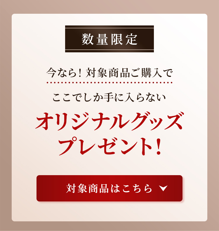 数量限定 今なら！対象商品ご購入で ここでしか手に入らないオリジナルグッズプレゼント！ 対象商品はこちら